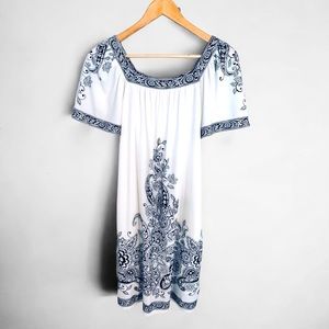 London Times | NWT Boho Floral Lantern Sleeve Dress with Pockets Soft Wht/Blk 4